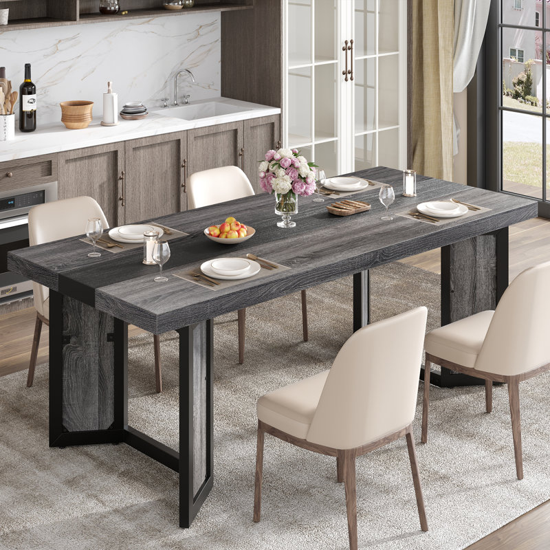 71" Industrial Dining Room Table for 6-8, Large Dinner Table Set, Rustic Wooden Kitchen Furniture, Metal Frame & Textured Finish, Rectangular Formal Tables Restaurant, Office, Conference, Living Room