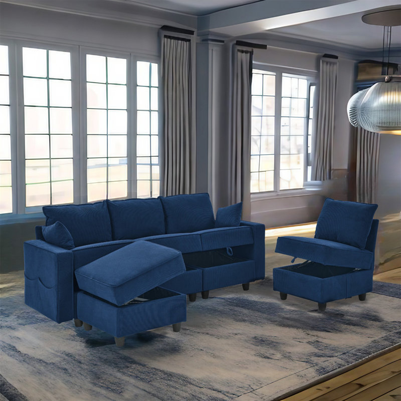 Canapé modulaire 5 pièces Mandica, Velours côtelé bleu marine