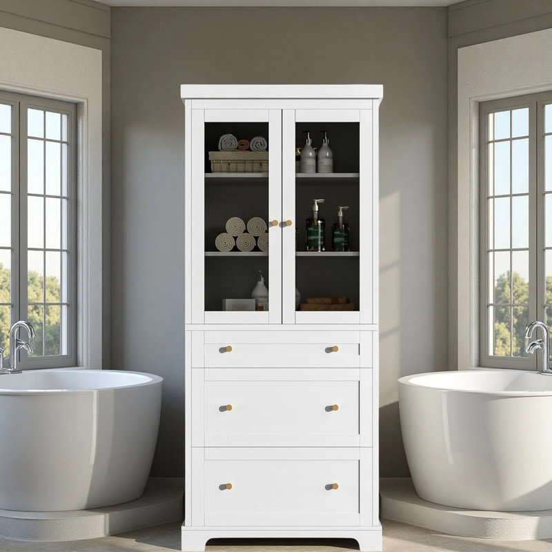 Grande armoire de salle de bain moderne avec 2 portes en verre à fermeture douce, 3 tiroirs et 2 tablettes réglables, Blanc
