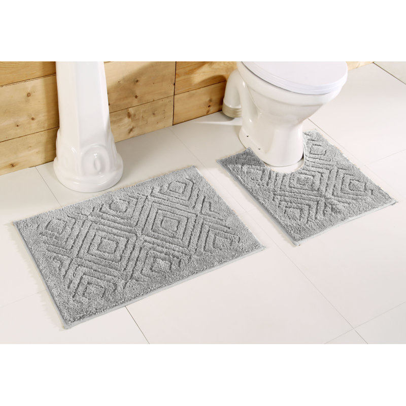 Brooking Ultra Soft 2 Piece Machine Washable Bath Mat Set ( Rectangle Bathroom Mat & U Shaped Contour Rug ), Silver