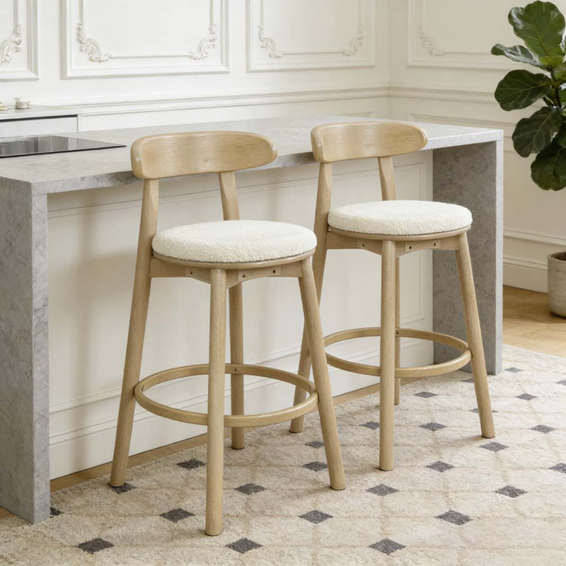 Tabourets de bar ronds à coussins, Beige, frêne naturel