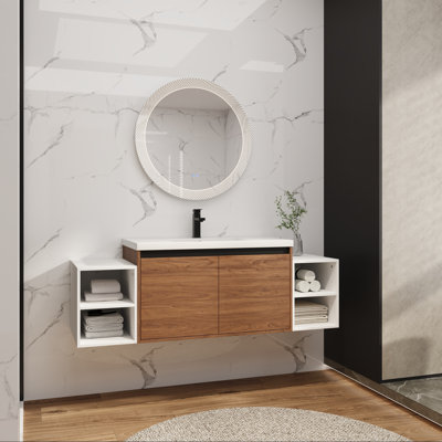 Meuble-lavabo mural avec lavabo en résine, deux tablettes de rangement, portes à fermeture en douceur
