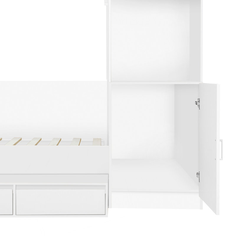 Lit plateforme double en bois avec 6 tiroirs, tablettes, bureau et garde-robe, Blanc