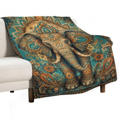 Elephant Mandala Pattern Artistic Design Colorful Ornate Background Luxury Flannel Throw Blanket, Soft Warm Fuzzy Blanket for Living Room Sofa Bed Home Decor