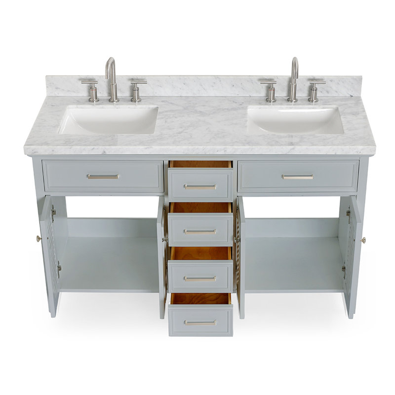 Ensemble de meuble-lavabo double 61 po Hamil, gris, Marbre blanc de Carrare, Forme rectangulaire