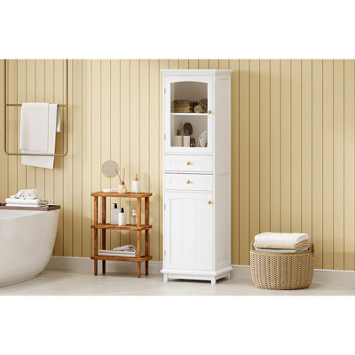 63" Tall Bathroom Storage Cabinet With Glass Doors, Free-Standing, Two Drawers, And Adjustable Shelves, MDF Board