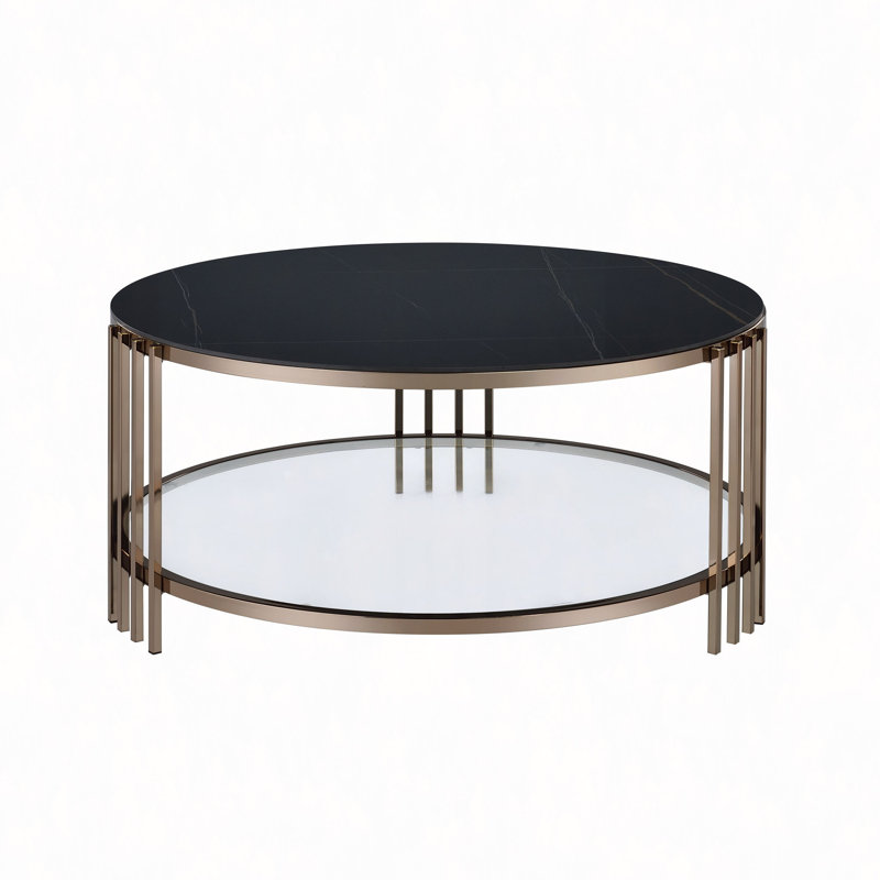 Table basse ronde en fritté avec plateau en pierre et champagne