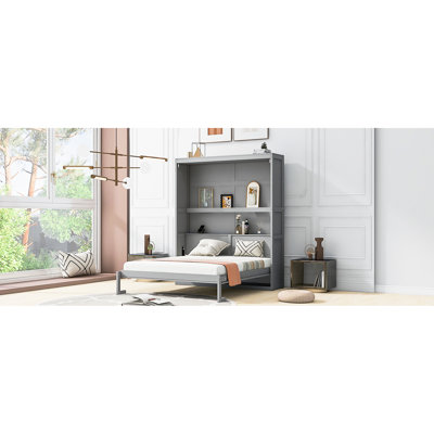 Lit pliant avec tablettes, gris - facile à tirer et à utiliser, grand lit, transformez votre armoire de salon pour une fabrication confortable de porte-matelas en contreplaqué