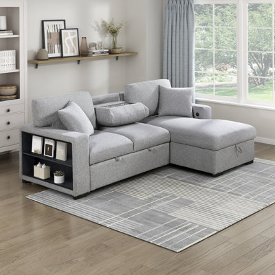  Meserve 92" Modern & Contemporary Boucle Fabric Sectional with Pull-out Bed, USB Charging Ports & Hidden Storage Chaise