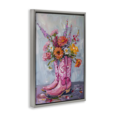 Floral Cowboy Boots Framed Floater Canvas by Petal Prints Design
