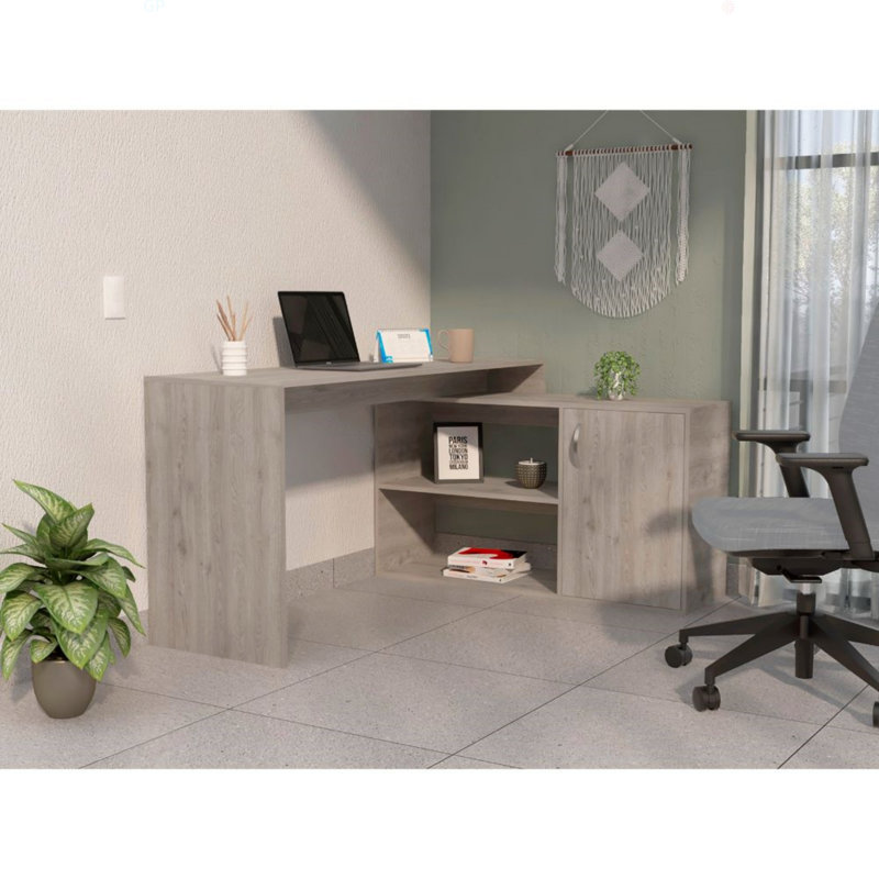 Bureau en L à 1 tiroir et 2 tablettes, Gris clair