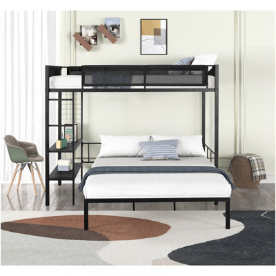 Twin Over Full Bunk With Shelves  Grid Panel/ Sturdy Metal Bed Frame/ Noise-Free Wood Slats/ Comfortable PVC-coated polyester Guardrail/ Built-In 2-Tier Shelves  Grid Panel/ Separated Full Size Bed