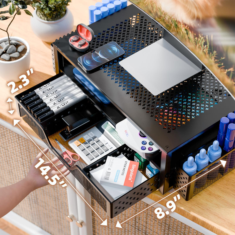 2 Tier Metal Monitor Stand Monitor Riser And Computer Desk Organizer With Drawer And Pen Holder For Laptop