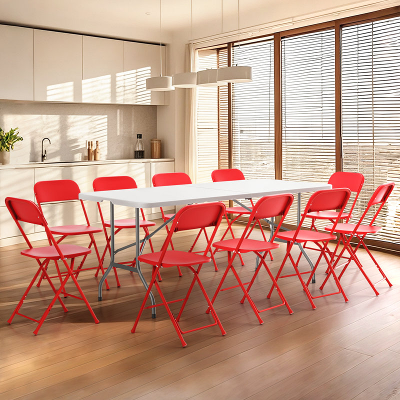 Rectangular Bi-Fold Dining Table with 10 Folding Chairs Set for Picnic Event Indoor and Outdoor Use, 30" D x 72" W x 29.5" H