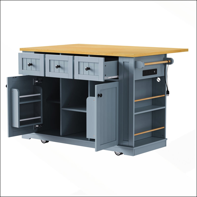 Versatile 53-inch Kitchen Island with Storage, Bar Stools, Power Outlets, and Drop Leaf for Enhanced Functionality and Style