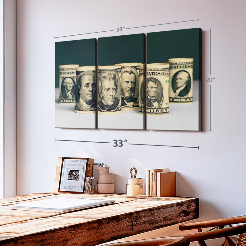 «Rolled American Dollar Bills», 3 pièces, H 20 po x l 33 po