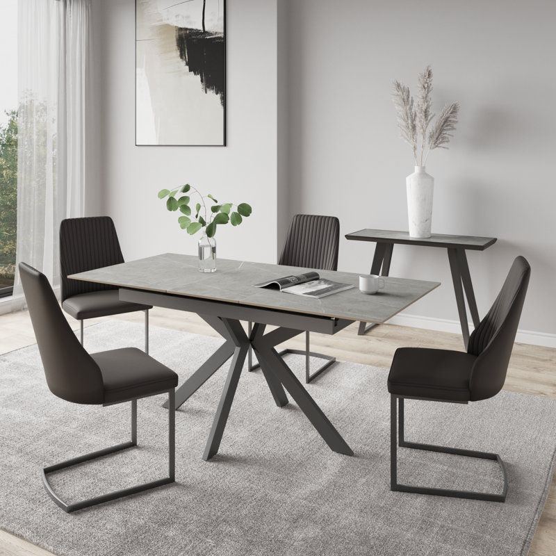 Extendable Metal Base Dining Table, 75cm H x 160cm L x 90cm W, Matt Grey