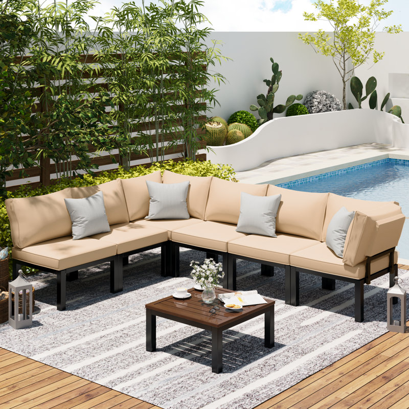 6 - Person Sectional Seating Group with Cushions, Beige