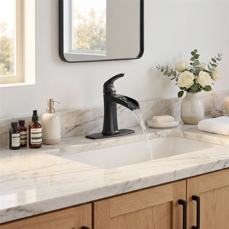 Black Waterfall Bathroom Faucet With Pop-Up Drain And Deck Plate - Single Handle Bathroom Faucet, Black
