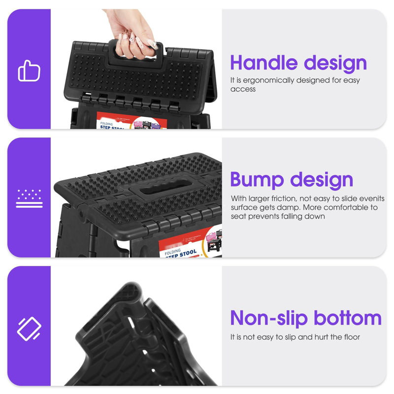 Black Heavy Duty Foldable Plastic Step Stool with Non-Slip Surface