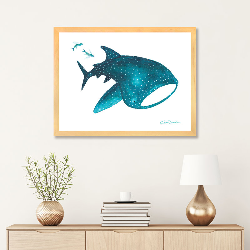 " Whale Shark And Fishes ", White, Beige Framed Paper, 24" H x 32" W x 1" D