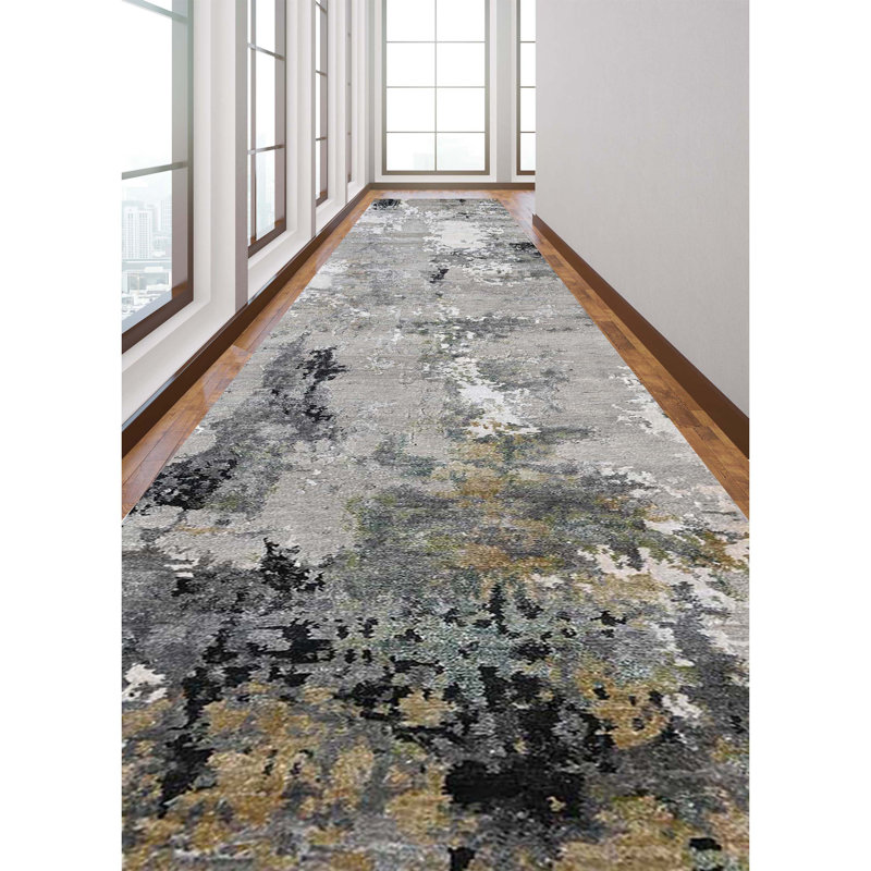 Abstract Area Rug in Black/Gray/Green/Brown, Runner 2'6" x 10'