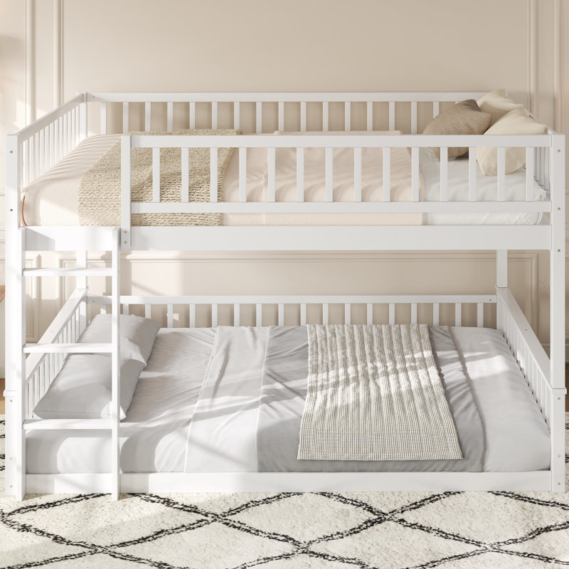 Queen Over Queen Bunk Bed With Ladder, Guardrails & Detachable, Queen Over Queen, White