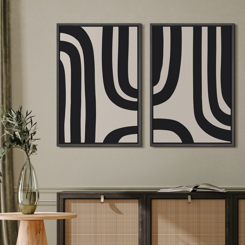 Geometric Line Shape Mid Century Modern Black Abstract Spiral Neutral Decor Framed On Canvas 2 Pieces Print Wall Art