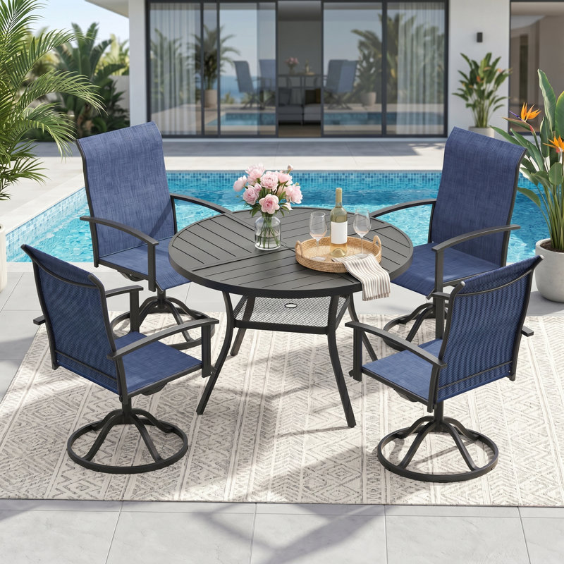 Ensemble repas pour 4 personnes avec chaises pivotantes en polyester enduit de PVC, Noir / Bleu