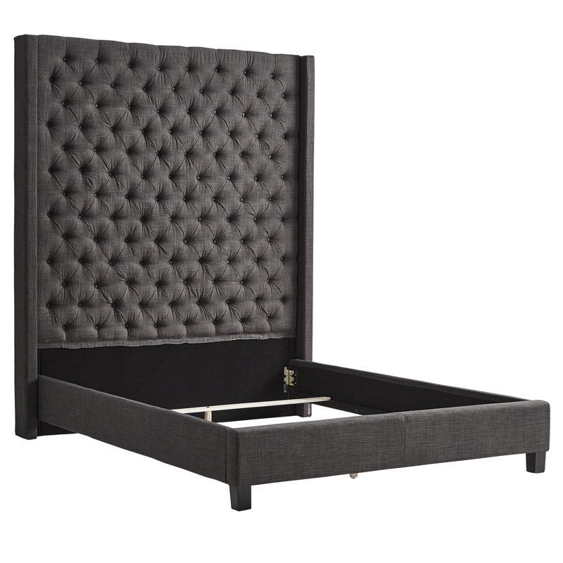 Lit plateforme tapissier Londono, Lin gris foncé chiné, Grand