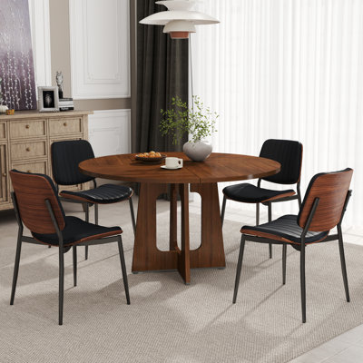 47'' Round Dining Table Set, Farmhouse Kitchen Table With Modern Faux Leather Chairs