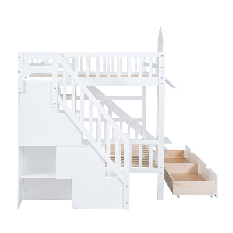 Lit superposé double de style château avec tiroirs et tablettes de rangement, bois massif blanc