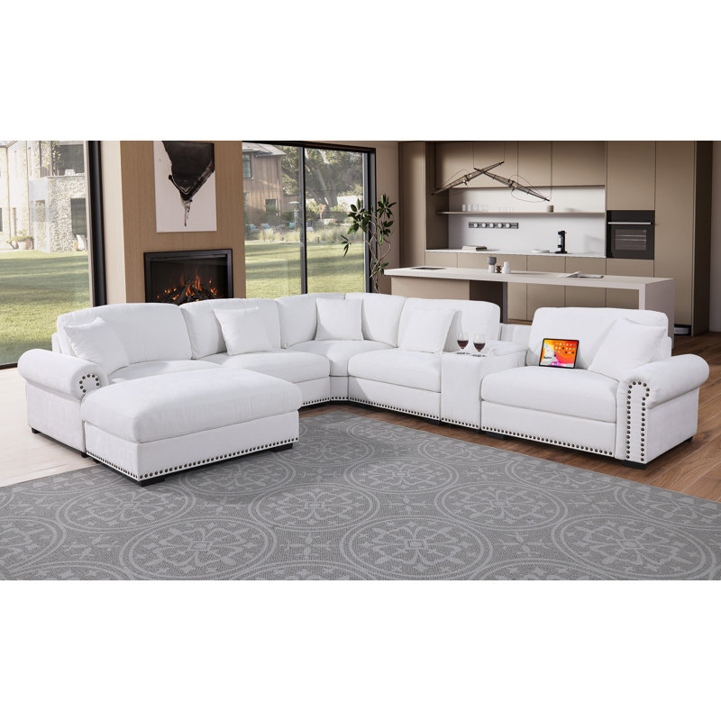 Errett Upholstered Corner Sectional with Storage & Cup Holder Console, 5 Throw Pillows, White Polyester