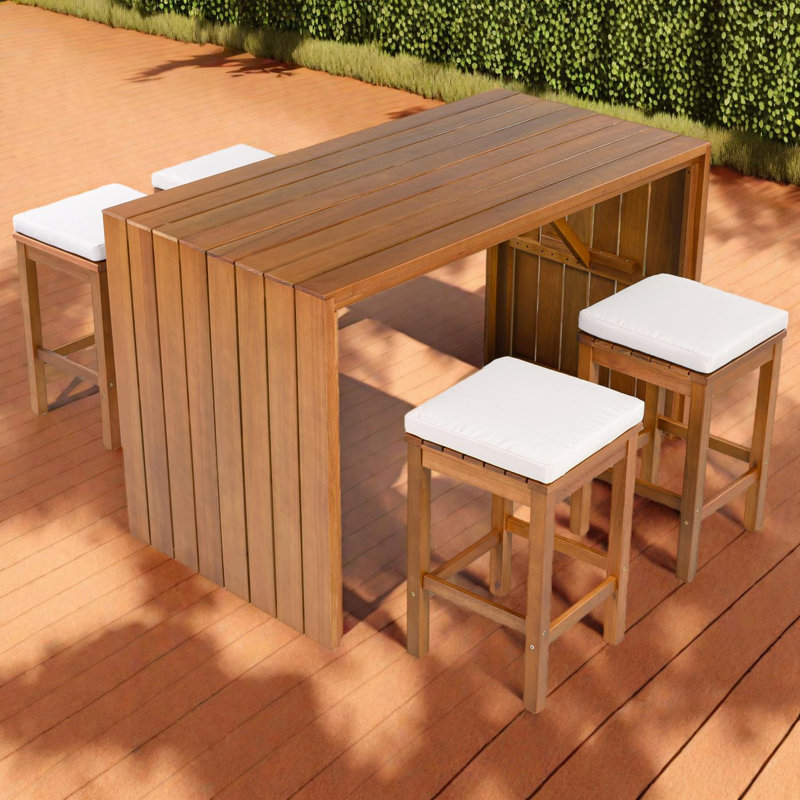 Ensemble repas 5 pièces à hauteur de bar en bois d'acacia avec table, 4 tabourets et coussins amovibles