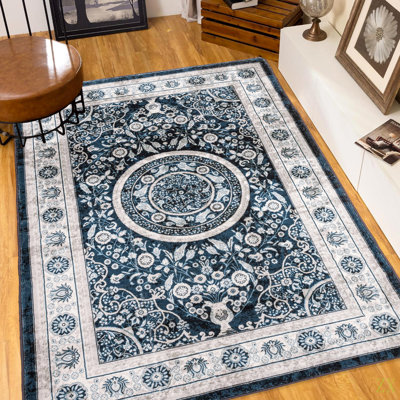 Tapis lavable antidérapant de style bohémien rétro 8 x 10 pour salon, cuisine, chambre à coucher, salon, fleur
