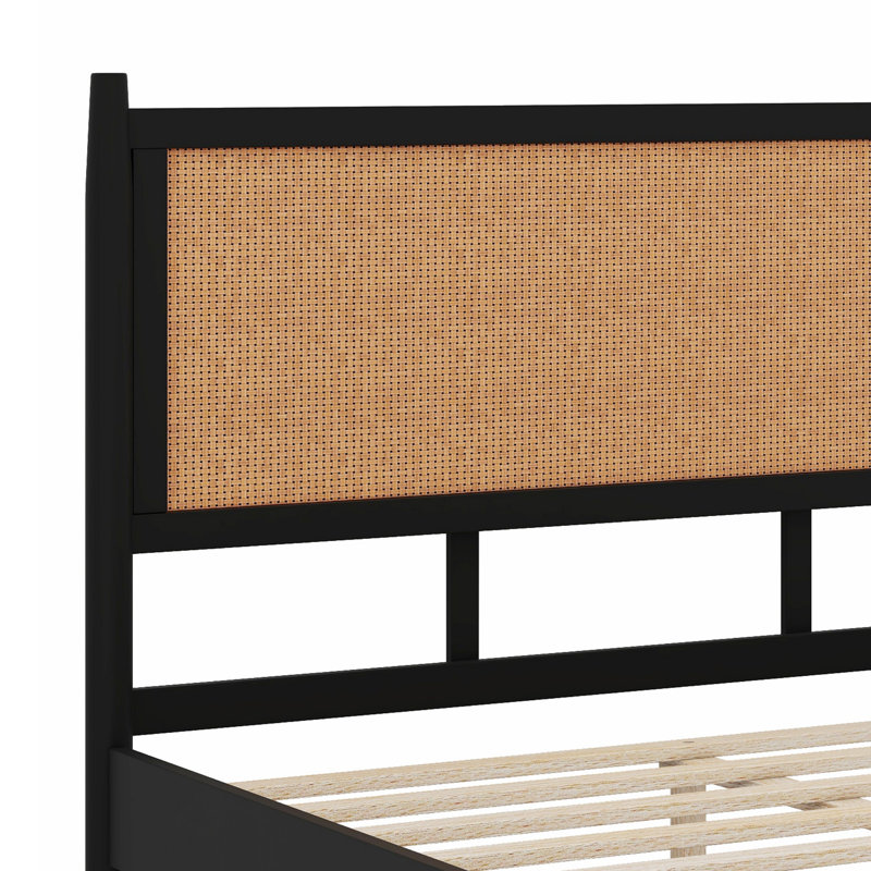 Cadre de lit plateforme avec tête de lit tressée, support renforcé et style bohème côtier, Grand lit, Black
