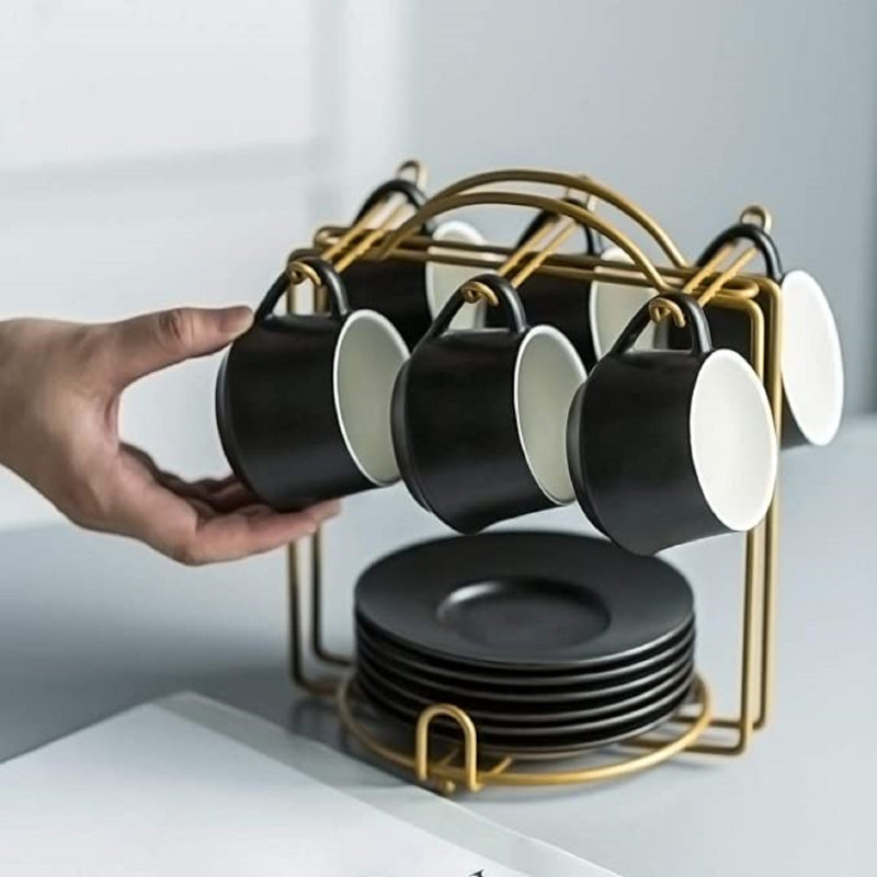 Black Ceramic Espresso Cups with Saucers and Gold Stand Set of 6