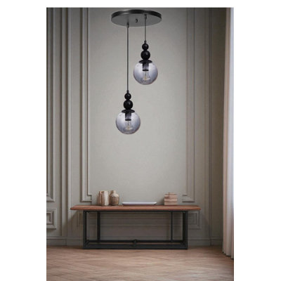 Elegant Metal Chandelier, Grey & Black Finish, Adjustable Height 31.5 to 63.0 inches | 2 x E27 Socket, Max 40W | Diameter: 9.8 inches, Base Plate: 9.8 x 1.2 inches | Stylish Lighting for Dining Room & Living Space, Modern Design