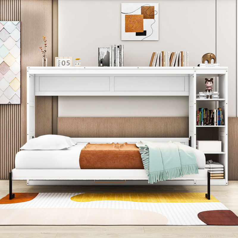 Lit escamotable en bois avec bibliothèque, Double, Blanc