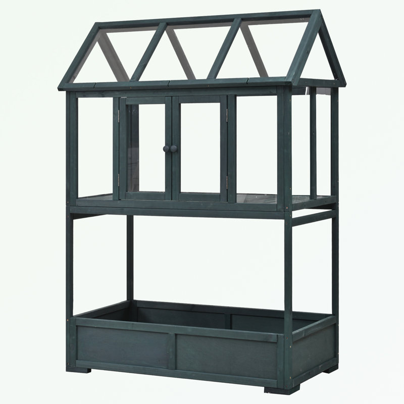 Potting Bench with Movable Wheels, Openable Roof and Storage Box, Green