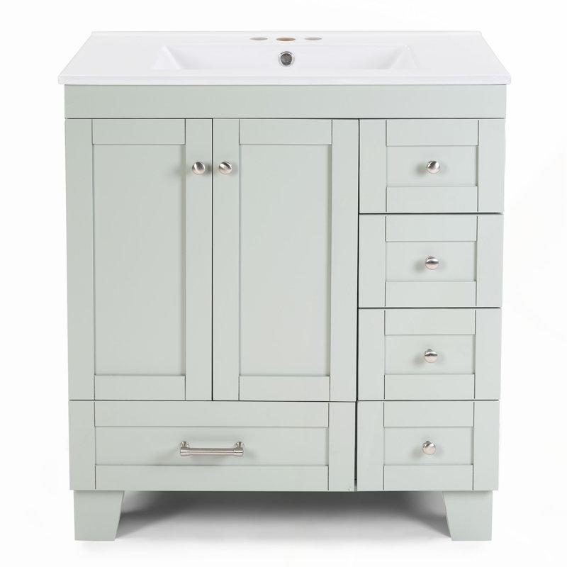 Ensemble de meuble-lavabo autoportant à simple cuve avec plateau en bois massif et d'ingénierie, Bleu gris