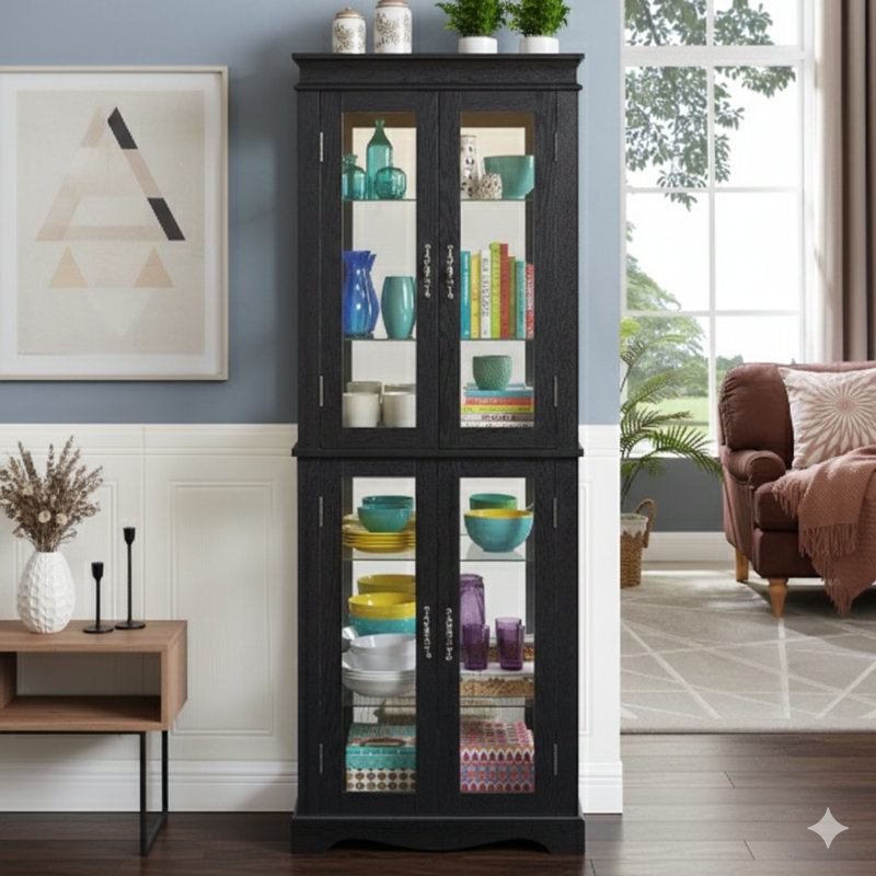 Illuminated Glass Curio Display Cabinet, Glass Showcase Storage Unit, Glass Wine Cabinet With Wood Frame For Toy Display In Living Room, Kitchen, Or Pantry, Includes Light Bulb, In Black
