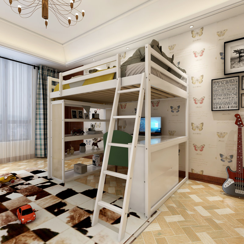 Graecen Kids Loft Bed with Drawers, Full, White