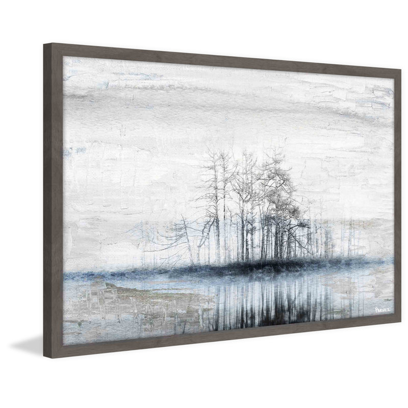 " Tree Island " by Parvez Taj, 12" H x 18" W x 1.5" D, Gray Framed