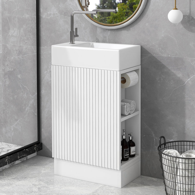 Armoire de rangement de salle de bain avec lavabo et tablette latérale, Blanc