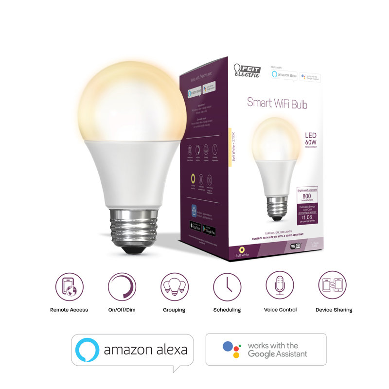 Équivalent à 60 watts, DEL A19, ampoule intelligente à intensité variable, blanc froid (2 700 K) E26 / base moyenne (standard)