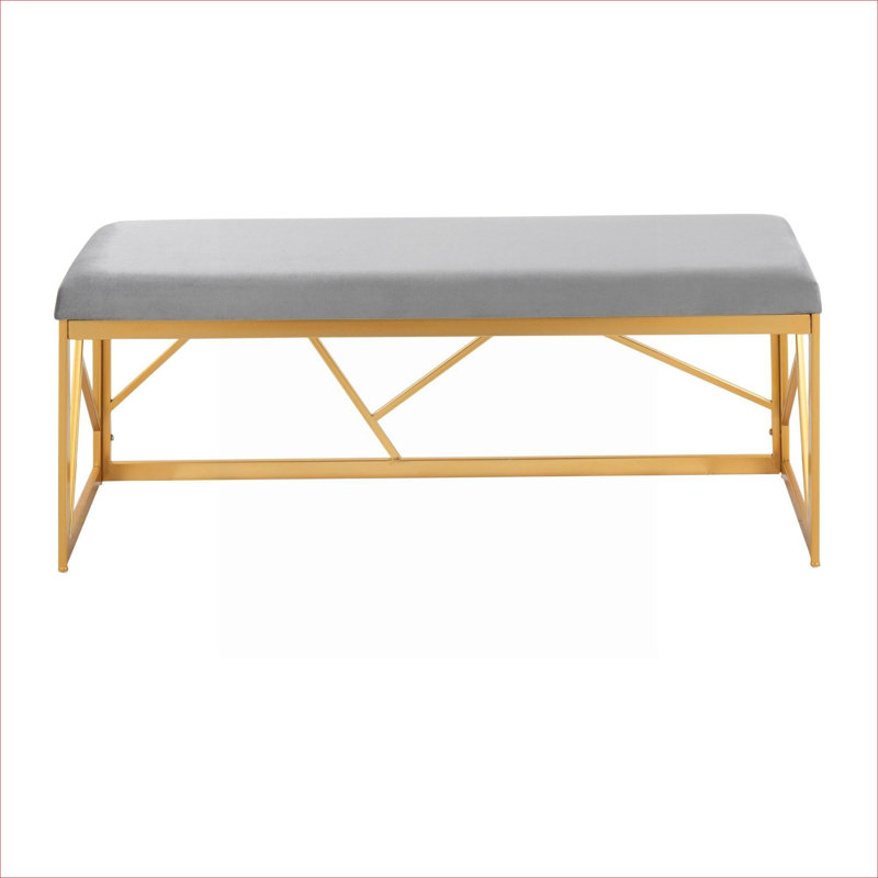 Gold Finished Metal Entryway Bench, 2-Seater Slate Gray Velvet Upholstered Indoor Seating with Geometric Frame
