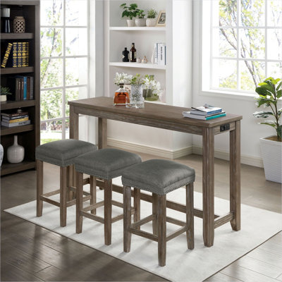 Ensemble de table de salle à manger 4 pièces avec 3 tabourets, table rectangulaire en bois massif gris classique, 64 comptoirs de bar de cuisine larges, sièges rembourrés avec garniture cloutée, prise USB