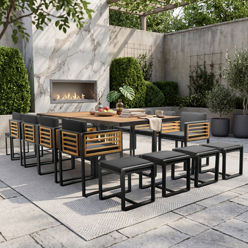 18-Pieces Premium Acacia Wood Patio Dining Set With Cushions, Gray