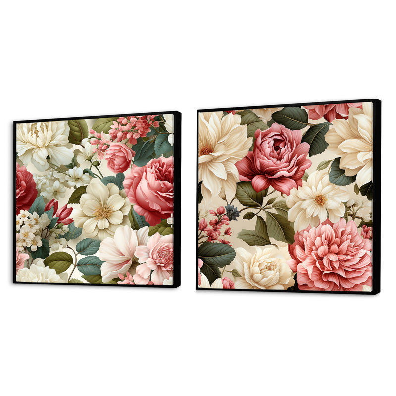 Ingle - Ensemble de 2 collages floraux carrés, Cadre flottant noir, H 16 po x l 33 po